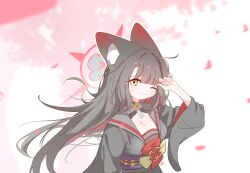 Rule 34 | 1girl, animal ear fluff, animal ears, arm up, black hair, black kimono, blue archive, breasts, cleavage, closed mouth, colored inner hair, fox ears, fox girl, halo, highres, japanese clothes, kimono, long hair, long sleeves, looking at viewer, multicolored hair, obi, one eye closed, petals, red hair, red halo, revision, sash, smile, smsm516, solo, upper body, wakamo (blue archive), wide sleeves, yellow eyes