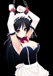 Rule 34 | 1girl, apron, areola slip, arm garter, armpits, arms up, bdsm, black hair, blush, bondage, bound, bow, breasts, detached collar, elbow gloves, f-ism, face, gloves, highres, large breasts, looking at viewer, maid, maid apron, maid headdress, murakami suigun, no bra, original, red eyes, restrained, simple background, solo