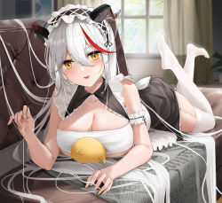 Rule 34 | 1girl, aegir (azur lane), aegir (iron blood&#039;s dragon maid) (azur lane), arm garter, azur lane, blush, breasts, cleavage, couch, curtains, demon horns, dot nose, frilled hairband, frills, full body, garter straps, hair between eyes, hairband, hand up, highres, horns, indoors, large breasts, long hair, lying, maid, manjuu (azur lane), multicolored hair, on couch, on stomach, parted lips, qing wu, skindentation, streaked hair, the pose, thighhighs, thighs, very long hair, white hair, white thighhighs, window