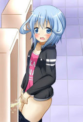 Rule 34 | 1girl, bathroom, black hoodie, blue eyes, blue hair, blue skirt, blush, clothes pull, collarbone, denim, denim skirt, embarrassed, hood, hoodie, long sleeves, looking at viewer, open clothes, open hoodie, open mouth, peeing, pink shirt, shirt, short hair, skirt, skirt pull, sparkle, standing, tears, tina r, toilet use, urinal, urinal use
