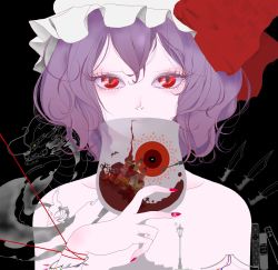 Rule 34 | 1girl, album cover, alcohol, animal, bat (animal), black background, book, bow, bracelet, cover, crystal, cup, dagger, dragon, drinking glass, hat, hat bow, highres, jewelry, knife, light purple hair, looking at viewer, mob cap, nail polish, okumura neri, portrait, red eyes, remilia scarlet, scarlet devil mansion, short hair, simple background, snowflakes, solo, string, touhou, weapon, wine, wine glass