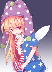 Rule 34 | 1girl, american flag dress, bad id, bad pixiv id, beni shake, blonde hair, clownpiece, fairy wings, gradient background, grey background, hat, jester cap, long hair, purple background, red eyes, solo, touhou, trembling, very long hair, white background, wings