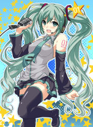 Rule 34 | 1girl, absurdres, bare shoulders, boots, detached sleeves, fang, green eyes, green hair, hatsune miku, headset, highres, long hair, looking at viewer, marushin (denwa0214), matching hair/eyes, microphone, necktie, open mouth, skirt, smile, solo, star (symbol), thigh boots, thighhighs, twintails, very long hair, vocaloid, zettai ryouiki