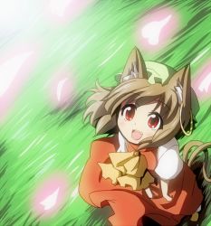 Rule 34 | 1girl, animal ears, brown hair, cat ears, cat girl, cat tail, chen, cherry blossoms, dress, earrings, fang, female focus, field, foreshortening, from above, glowing, grass, hat, jewelry, multiple tails, open mouth, petals, red eyes, short hair, smile, solo, suna (sunaipu), sunaipu, tail, touhou, wind