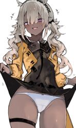 Rule 34 | 1girl, arknights, black dress, blush, camel ears, camel girl, clothes lift, coat, collarbone, cowboy shot, dark-skinned female, dark skin, dress, dress lift, fang, grey hair, highres, jacket, kyuu (plastic night q), lifted by self, long hair, long sleeves, looking at viewer, open clothes, open jacket, open mouth, panties, presenting, purple eyes, short dress, simple background, skin fang, smile, solo, standing, sweatdrop, thigh strap, thighs, tuye (arknights), twintails, underwear, white background, white panties, yellow coat, yellow jacket