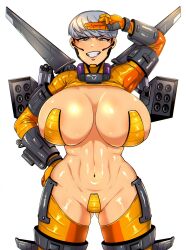Rule 34 | 1girl, absurdres, alternate breast size, apex legends, breasts, cropped legs, grey hair, grin, hand on own hip, highres, huge breasts, jetpack, revealing clothes, short hair, shrug (clothing), smile, solo, tate (mzn005), toned, valkyrie (apex legends), white background