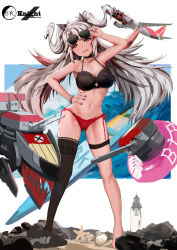 Rule 34 | 1girl, absurdres, adjusting eyewear, aircraft, airplane, alternate costume, antenna hair, artist name, azur lane, beach, bikini, black bikini, black knight (artist), black ribbon, black thighhighs, blue sky, blush, bracelet, breasts, brown eyes, cannon, cloud, collarbone, commentary request, cross, cross cutout, dated, day, floating hair, full body, gluteal fold, hair between eyes, hair ribbon, half-closed eyes, hand on eyewear, hand on own hip, highres, innertube, iron cross, jewelry, large breasts, licking lips, lighthouse, long hair, looking at viewer, machinery, md5 mismatch, mole, mole on breast, multicolored hair, nail polish, navel, ocean, outdoors, photoshop (medium), pink nails, prinz eugen (azur lane), prinz eugen (unfading smile) (azur lane), red bikini, red hair, ribbon, rigging, sand, side-tie bikini bottom, signature, silver hair, single thighhigh, sky, smile, solo, standing, starfish, stomach, streaked hair, sunglasses, surfboard, swim ring, swimsuit, thigh strap, thighhighs, tongue, tongue out, turret, two side up, very long hair, waves