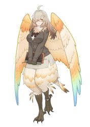 Rule 34 | 1girl, ahoge, alpha transparency, animal hands, bird legs, book, bow, breasts, brown hair, buttons, feathered wings, feathers, gradient wings, hair intakes, hair over one eye, harpy, holding, holding book, light brown hair, long hair, looking at viewer, monster girl, multicolored wings, neck fur, neck ruff, official art, one eye covered, red-framed eyewear, side slit, skirt, solo, sparkle, standing, standing on one leg, transparent background, wings, ziz (housamo)