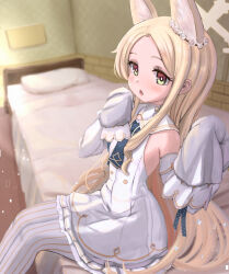 Rule 34 | 1girl, :o, absurdres, animal ears, bed, blonde hair, blue archive, blurry, blurry background, breasts, bright pupils, buttons, detached sleeves, dress, ear ornament, eyelashes, feet out of frame, forehead, from side, halo, hands up, highres, indoors, legs together, light blush, lips, long hair, long sleeves, looking at viewer, necktie, open mouth, pantyhose, parted bangs, seia (blue archive), short dress, sidelocks, sideways glance, sitting, sleeveless, sleeveless dress, sleeves past fingers, sleeves past wrists, small breasts, solo, striped clothes, striped pantyhose, sugawara you, vertical-striped clothes, vertical-striped pantyhose, very long hair, white dress, white pantyhose, white sleeves, yellow eyes, yellow halo
