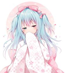 Rule 34 | 1girl, back bow, blue eyes, blue hair, blush, bow, checkered clothes, checkered kimono, cherry blossom print, cherry blossoms, covering own mouth, floral print, gradient hair, hair bow, half-closed eyes, heterochromia, japanese clothes, kimono, kokoshira 0510, long hair, long sleeves, multicolored hair, original, pink eyes, purple hair, sleeves past fingers, sleeves past wrists, solo, two side up, very long hair, wide sleeves