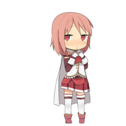 Rule 34 | 1girl, adapted costume, alternate hairstyle, boots, cape, chibi, cosplay, detached sleeves, female focus, gloves, hair down, kaname madoka, magical girl, mahou shoujo madoka magica, mahou shoujo madoka magica (anime), miki sayaka, miki sayaka (cosplay), pink eyes, pink hair, short hair, simple background, skirt, solo, thighhighs, tsuduya (knt31), white background, white gloves, white thighhighs, zettai ryouiki