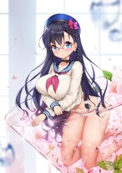 Rule 34 | 1girl, alcohol, ankkoyom, bad id, bad pixiv id, black bow, black neckerchief, blouse, blue eyes, blue panties, blue sailor collar, blurry, blurry background, blush, bow, bow choker, braid, breasts, cherry blossoms, cocktail glass, cup, drinking glass, earrings, flower, flower earrings, garnish, glasses, hat, hat bow, highres, horizontal-striped panties, in container, in cup, jewelry, large breasts, leaf, long hair, long sleeves, looking at viewer, multicolored clothes, multicolored panties, navel, neckerchief, original, panties, pink bow, pink neckerchief, red-framed eyewear, red neckerchief, sailor collar, sake, school uniform, serafuku, shirt, solo, striped clothes, striped panties, underwear, water drop, white background, white flower, white shirt