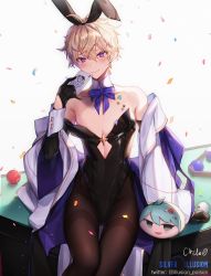 1boy, animal ears, backlighting, bangs, bare shoulders, bishounen, black gloves, black leotard, blonde hair, blush, bow, bowtie, brown legwear, bunny ears, card, closed mouth, collarbone, commentary request, confetti, crossdressing, cue ball, detached collar, fake animal ears, gloves, hair between eyes, head tilt, highleg, highleg leotard, highres, holding, holding card, hwansang jungdog, joker (card), leotard, long sleeves, looking at viewer, luchiphon helel, male focus, off shoulder, on table, original, pantyhose, playboy bunny, playing card, pool table, purple bow, purple eyes, purple neckwear, side-tie leotard, sitting, smile, solo, sticker, strapless, strapless leotard, striped, striped bow, striped neckwear, sweatdrop, table, thigh gap, thighband pantyhose, thighs, trap, tsurime, twitter username, white background, wing collar, wrist cuffs