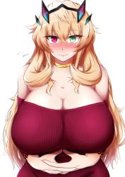 Rule 34 | 1girl, bare shoulders, blonde hair, blush, breasts, cleavage, closed mouth, collarbone, barghest (fate), fate/grand order, fate (series), green eyes, heterochromia, highres, horns, huge breasts, jewelry, long hair, long sleeves, looking at viewer, neck ring, off-shoulder shirt, off shoulder, red eyes, red shirt, shirt, solo, sotomichi
