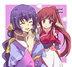 Rule 34 | 2girls, absurdly long hair, animal ears, aquaplus, arm up, blue kimono, blush, braid, breasts, chain, closed eyes, closed mouth, collar, dress, fingernails, hair between eyes, hair ornament, hair over breasts, happy, high ponytail, japanese clothes, jewelry, karulau, kimono, large breasts, layered sleeves, lips, long hair, long sleeves, looking at another, mofuko, multiple girls, open mouth, pout, purple eyes, raised eyebrows, red hair, sidelocks, single braid, sleeves rolled up, sweat, sweatdrop, tongue, touka (utawarerumono), upper body, utawarerumono, utawarerumono: itsuwari no kamen, very long hair, wavy hair, wide sleeves