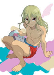 Rule 34 | afuro terumi, androgynous, ball, blonde hair, gender request, inazuma eleven, inazuma eleven (series), long hair, looking up, male focus, red eyes, topless male, shorts, solo, yamamiya hiroshi