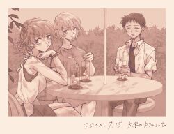 Rule 34 | 1boy, 2girls, absurdres, ayanami rei, bare shoulders, bush, closed eyes, collared shirt, commentary request, cup, dress, drink, drinking glass, drinking straw, earrings, highres, ikari shinji, jewelry, looking at viewer, matsuko (mrimri3), monochrome, multiple girls, neon genesis evangelion, open clothes, open mouth, open shirt, outdoors, ponytail, sepia, shirt, short hair, sitting, smile, souryuu asuka langley, table, watch, wristwatch