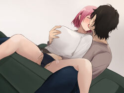 Rule 34 | 1girl, akito (d30n26), blush, grabbing another&#039;s breast, closed eyes, couch, drooling, fingernails, fuyu monogatari ~kimi wa hatsuyuki no you ni totsuzen ni~, grabbing, grabbing from behind, hand under clothes, highres, indoors, kiss, legs, motion lines, open mouth, original, panties, pink hair, saliva, short hair, simple background, sitting, skirt, spread legs, thighs, underwear