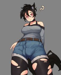 Rule 34 | 1futa, ?, animal ears, bare shoulders, belt, belt buckle, black hair, breasts, buckle, bulge, choker, collarbone, commentary, commission, covered testicles, cowboy shot, denim, denim shorts, dog ears, dog girl, dog tail, english commentary, futanari, grey background, hair between eyes, highres, large breasts, long sleeves, looking at viewer, original, pantyhose, shorts, simple background, solo, standing, tail, testicles, todding, torn clothes, torn pantyhose