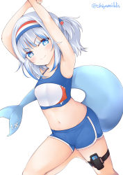 Rule 34 | 1girl, absurdres, armpits, arms up, artist name, blue eyes, blue hair, blue shorts, blush, buruma, chiyami, collarbone, dolphin shorts, eyes visible through hair, fins, fish tail, gawr gura, hair ornament, highres, hololive, hololive english, legband, looking at viewer, midriff, midriff peek, multicolored clothes, multicolored hair, navel, open mouth, ponytail, ring fit adventure, shark girl, shark hair ornament, shark tail, sharp teeth, short shorts, shorts, simple background, smile, solo, source request, sports bra, sportswear, streaked hair, stretching, tail, teeth, virtual youtuber, white background