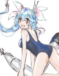 Rule 34 | 1girl, blue hair, blue one-piece swimsuit, blush, breasts, hair ribbon, head tilt, headgear, highres, i-19 (kancolle), kantai collection, long hair, multicolored hair, nikai kara momoshio, one-hour drawing challenge, one-piece swimsuit, open mouth, pink hair, red eyes, ribbon, simple background, sketch, solo, star-shaped pupils, star (symbol), swimsuit, symbol-shaped pupils, torpedo, white background
