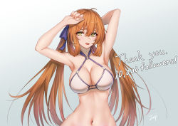 Rule 34 | 1girl, armpits, arms up, baek hyang, bikini, blush, breasts, brown hair, cleavage, girls&#039; frontline, gradient background, green eyes, hair between eyes, hair ribbon, hair rings, large breasts, long hair, looking at viewer, navel, official alternate costume, open mouth, ribbon, sidelocks, simple background, smile, solo, springfield (girls&#039; frontline), springfield (stirring mermaid) (girls&#039; frontline), stomach, swimsuit, twintails, white bikini