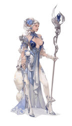 Rule 34 | 1girl, absurdres, blue dress, blue gemstone, breasts, cl (chearin), cleavage, concept art, dress, flower, gem, gloves, hair flower, hair ornament, high heels, highres, holding, holding staff, jewelry, large breasts, original, pointy ears, simple background, snowflakes, solo, staff, thighhighs, tiara, white background, white gloves, white hair