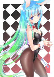 Rule 34 | 1girl, animal ears, artist name, bare shoulders, black pantyhose, blue eyes, blue hair, blunt bangs, blush, breasts, checkered background, cleavage, closed mouth, cowboy shot, eyebrows, fake animal ears, gradient hair, green hair, highres, leotard, lips, long hair, matching hair/eyes, multicolored hair, original, own hands clasped, own hands together, pantyhose, playboy bunny, rabbit ears, shibi, small breasts, solo, standing, strapless, strapless leotard, tareme, very long hair, wrist cuffs
