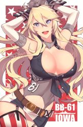 Rule 34 | 1girl, arms up, asymmetrical legwear, blonde hair, blue eyes, breasts, cleavage, elbow gloves, fingerless gloves, front-tie top, garter straps, gloves, highres, iowa (kancolle), kantai collection, large breasts, miniskirt, mismatched legwear, n0r0, revision, skirt, solo, star-shaped pupils, star (symbol), striped clothes, striped thighhighs, symbol-shaped pupils, thighhighs, vertical-striped clothes, vertical-striped thighhighs