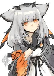 Rule 34 | 1girl, arknights, armband, artist logo, black gloves, black ribbon, blush, breasts, closed mouth, coat, commentary, dress, feather-trimmed sleeves, gloves, goggles, goggles around neck, grey coat, highres, light smile, medium hair, nanatsuka, open clothes, open coat, orange eyes, owl ears, ptilopsis (arknights), rhine lab logo, ribbon, signature, silver hair, simple background, small breasts, solo, upper body, white background, white dress