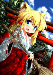 Rule 34 | 1girl, animal ears, blonde hair, blue eyes, blush, broom, cat ears, detached sleeves, fang, fox ears, highres, inyucchi, japanese clothes, miko, original, ribbon, short hair, shrine, solo, torii, twintails