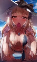Rule 34 | 1boy, 1girl, bikini, black bow, blonde hair, blue bikini, blue sky, blunt bangs, bow, breasts, brown eyes, cloud, condom, condom in mouth, condom wrapper, day, girl on top, hair bow, hair over breasts, hair over one breast, hat, highres, jewelry, long hair, looking at viewer, medium breasts, mouth hold, navel, necklace, princess connect!, saren (princess connect!), saren (real) (princess connect!), sky, solo focus, swimsuit, torriet, wet, white bow, white headwear