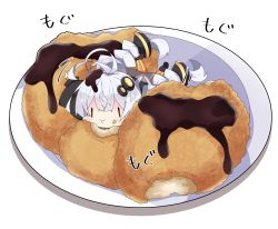 Rule 34 | 1girl, :t, antenna hair, black footwear, black jacket, blush, braid, chibi, closed mouth, commentary, croquette, eating, food, food on face, food on hair, food on head, hair between eyes, hair ornament, in food, jacket, kizuna akari, long hair, long sleeves, milkpanda, mini person, minigirl, object on head, orange pantyhose, pantyhose, plate, puffy cheeks, puffy long sleeves, puffy sleeves, shadow, shoe soles, shoes, silver hair, solo, star (symbol), striped clothes, striped pantyhose, translation request, twin braids, twintails, vertical-striped clothes, vertical-striped pantyhose, very long hair, voiceroid, wavy mouth, white background, | |