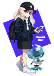 Rule 34 | 1girl, backpack, bag, baseball cap, black hat, black jacket, black skirt, blunt bangs, cellphone, commentary, cross-laced footwear, earrings, english text, full body, green eyes, hand in pocket, hat, head tilt, high-waist skirt, holding, holding phone, hood, hoodie, inkling, inkling girl, inkling player character, jacket, jellyfish (splatoon), jewelry, light brown hair, logo, long hair, long sleeves, looking at viewer, mask, medium skirt, mimimi (echonolog), nintendo, open clothes, open jacket, phone, pointy ears, print headwear, shirt, shoes, skirt, smartphone, sneakers, solo, standing, symbol-only commentary, tentacle hair, walking, white footwear, white shirt