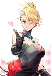 Rule 34 | 1girl, bare shoulders, black dress, black gloves, blonde hair, blue gemstone, breasts, brooch, brown eyes, cleavage, detached collar, dress, earrings, flower, folded ponytail, fullmetal alchemist, fullmetal alchemist mobile, gem, gloves, grey dress, heart, highres, jewelry, large breasts, looking at viewer, medium breasts, one eye closed, outstretched arm, pendant, pointing, pointing at viewer, reaching, reaching towards viewer, red flower, riza hawkeye, smile, solo, strapless, strapless dress, takafuji yuna, two-tone dress, updo, upper body, white background