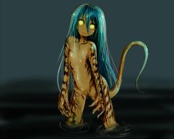Rule 34 | 1girl, female focus, flat chest, glowing, glowing eyes, long hair, monster girl, nude, partially submerged, seirei, seirei (mimi toka), solo, tail, water, wet, yellow eyes