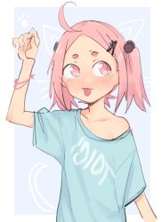 Rule 34 | 1girl, :p, absurdres, ahoge, bracelet, eds, english text, female focus, flat chest, hair bobbles, hair ornament, hairclip, happy (eds), highres, jewelry, matching hair/eyes, original, pink eyes, pink hair, shirt, short eyebrows, short twintails, solo, t-shirt, tongue, tongue out, twintails