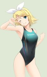 Rule 34 | 1girl, ;), armpits, blonde hair, blue eyes, breasts, collarbone, company name, competition swimsuit, covered navel, cowboy shot, fuuma nagi, gradient background, green background, hair ornament, hair ribbon, hairclip, highleg, highleg swimsuit, kagamine rin, one-piece swimsuit, one eye closed, ribbon, short hair, smile, solo, speedo (company), standing, swimsuit, v over eye, vocaloid, w, w over eye