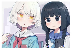 Rule 34 | 2girls, amemori sayo, behind another, black eyes, black hair, blue neckerchief, blue sailor collar, blue sweater, blunt bangs, blush, border, braid, cellphone, chair, classroom, closed mouth, colored eyelashes, commentary request, eye contact, hair over shoulder, half-closed eyes, hand up, hatyuuruinohito, highres, holding, holding phone, indoors, kudou chitose, long hair, looking at another, looking back, low twin braids, multiple girls, neckerchief, nijisanji, official alternate costume, on chair, open mouth, phone, red neckerchief, sailor collar, school chair, school uniform, serafuku, shirt, short hair, sitting, smartphone, smile, sweater, tareme, twin braids, upper body, virtual youtuber, white border, white hair, white shirt, yellow eyes