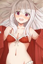 Rule 34 | 1girl, bikini, breasts, clara (honkai: star rail), collarbone, commentary, crying, crying with eyes open, distress, elumina1213, highres, honkai: star rail, honkai (series), jacket, long hair, lying, navel, on back, on bed, open clothes, open jacket, open mouth, purple eyes, red bikini, red jacket, small breasts, solo, swimsuit, tears, underwear, white hair