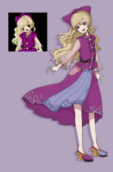 Rule 34 | 1girl, :d, bow, full body, grey background, hair bow, hiratose02 (mxx 459), light brown hair, long hair, long sleeves, looking at viewer, multicolored footwear, open mouth, original, purple bow, purple shirt, purple skirt, red eyes, reference inset, see-through, see-through sleeves, shirt, simple background, skirt, smile, solo, standing, touhou, wavy hair