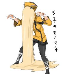 Rule 34 | 1girl, absurdly long hair, blonde hair, guilty gear, guilty gear xrd, hair over face, hat, highres, long hair, millia rage, mudamudamuda, orange hat, outstretched arms, pantyhose, simple background, solo, translation request, very long hair, white background, zombie pose