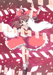Rule 34 | 1girl, arm up, armpits, blush, bobby socks, bow, brown eyes, brown hair, danmaku, detached sleeves, female focus, flying, hair bow, hair ribbon, hakurei reimu, japanese clothes, loafers, massala, midriff, miko, mouth hold, navel, ofuda, outstretched arm, ribbon, shoes, socks, solo, spell card, touhou