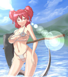 Rule 34 | 1girl, bad id, bad pixiv id, bikini, breasts, cloud, day, female focus, fundoshi, huge breasts, japanese clothes, large breasts, mountain, ocean, onozuka komachi, outdoors, red eyes, red hair, river, scythe, short twintails, sky, solo, swimsuit, touhou, tro, twintails, two side up, water