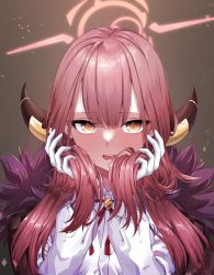 Rule 34 | 1girl, absurdres, aru (blue archive), blue archive, blunt bangs, blush, bunching hair, coat, coat on shoulders, demon horns, ear blush, full-face blush, fur-trimmed coat, fur trim, gloves, halo, highres, hogemi, holding, holding hair, horns, long hair, looking at viewer, neck ribbon, pink hair, ribbon, shirt, solo, white gloves, white shirt, yellow eyes