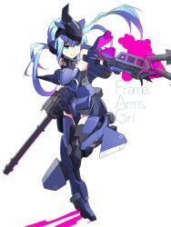 Rule 34 | 10s, armor, black gloves, blue eyes, blue hair, dee (fire2332), elbow gloves, frame arms girl, gatling gun, gloves, gun, headgear, long hair, mecha, mecha musume, missile, panties, robot, simple background, smile, solo, standing, standing on one leg, striped clothes, striped panties, stylet, text focus, thighhighs, twintails, underwear, weapon, white background