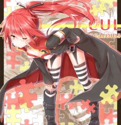 Rule 34 | 1girl, bad id, bad pixiv id, bent over, boots, cape, cul, earrings, garter straps, jewelry, one eye closed, ponytail, puzzle, red hair, sakuragi ren, solo, striped clothes, striped thighhighs, thighhighs, thighs, vocaloid, wink