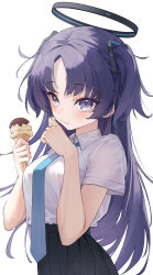 Rule 34 | 1girl, absurdres, black skirt, blue archive, blue necktie, blush, breasts, firehippo, food, food on face, food on hand, halo, highres, holding food, holding ice cream, ice cream, ice cream cone, looking at viewer, medium breasts, necktie, pleated skirt, purple eyes, purple hair, school uniform, simple background, skirt, solo, two side up, white background, yuuka (blue archive)