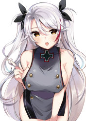Rule 34 | 1girl, :o, antenna hair, azur lane, black ribbon, blush, breasts, brown eyes, cowboy shot, hair between eyes, hair ribbon, large breasts, leaning forward, leotard, long hair, looking at viewer, mole, mole on breast, multicolored hair, pelvic curtain, playing with own hair, prinz eugen (azur lane), red hair, ribbon, ry thae, silver hair, simple background, smile, solo, streaked hair, two side up, very long hair, white background