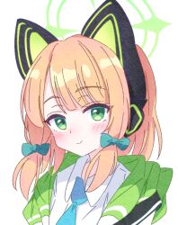 Rule 34 | 1girl, animal ear headphones, animal ears, blonde hair, blue archive, blue necktie, blush, bow, closed mouth, collared shirt, fake animal ears, green bow, green eyes, green halo, hair bow, halo, hanozuku, headphones, jacket, looking at viewer, midori (blue archive), necktie, portrait, shirt, short hair, simple background, smile, solo, two-sided fabric, two-sided jacket, white background, white jacket, white shirt